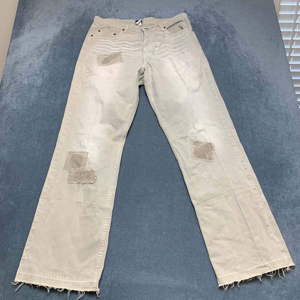 Express Straight Jeans Men 34x34 Beige Cotton Patchwork Frayed Hem Whiskering